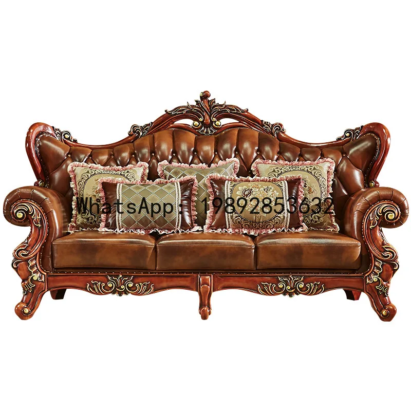 Hys genuine leather sofa combination solid wood double-sided carved living room high-end first-layer cowhide furniture
