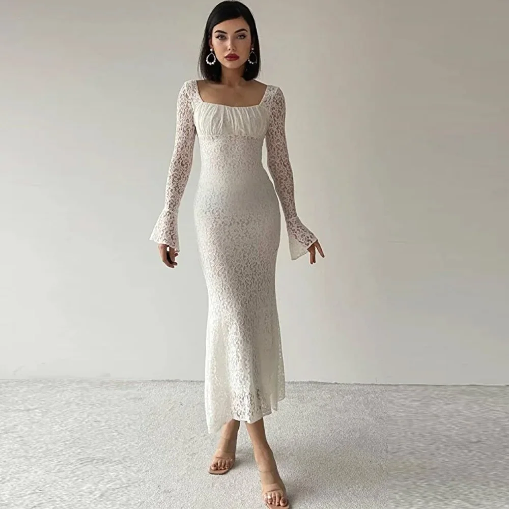 

Customized Mermaid Simple White Evening Dress Square Collar Long Sleeves Homecoming Dresses Elegant Lace Bespoke Occasion Gowns