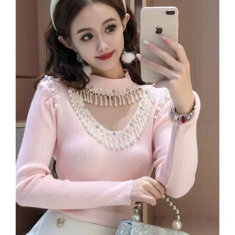 Kimotimo Fashion Beading Knitted Tops Women Autumn Winter Hollow Out Slim Long Sleeve Bottom Pullover Gentle Sweet Y2k Sweater