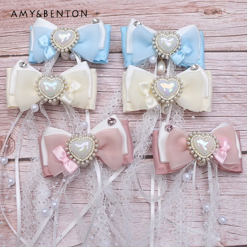 

Handmade Sweet Cute Pearl Lace Tassel Bow Double Ponytail Hair Bow Preppy Style Kawaii All-Match Graceful Girl Hair Accessories