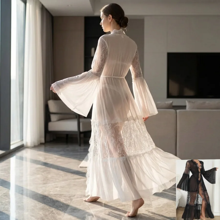 

【New style】Mesh lace horn sleeves sexy perspective long pajamas pajamas home wear french bride wedding holiday sunscreen