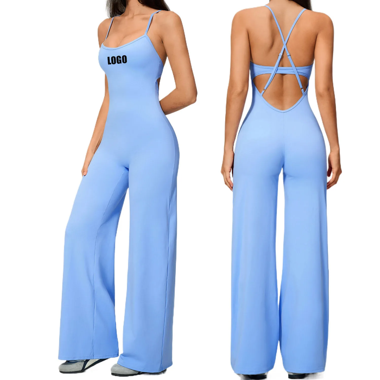 Custom LOGO Women's Yoga Jumpsuit Cross Back Casual Fashion Elastic Wide Leg Pants Jumpsuit