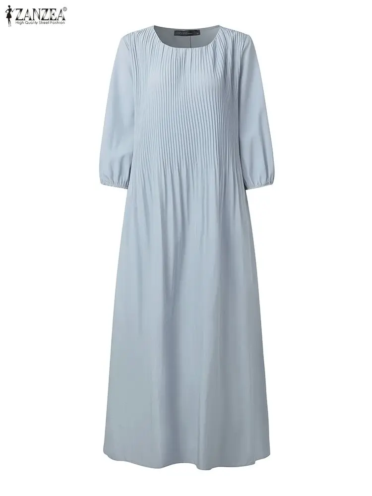 فساتين ماكسي نسائية بطيات على شكل حرف a من ZANZEA لخريف 2025 موضة رقبة دائرية 3/4 كم فانوس بلون سادة فستان طويل فضفاض 3XL