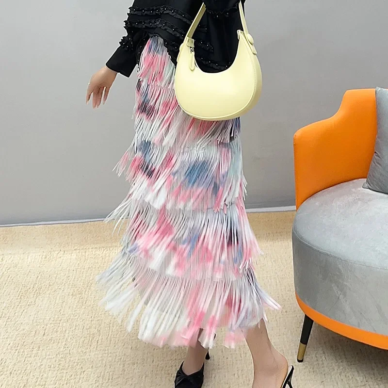 

Miyake Pleated Skirt Women 2024 Spring New Fashion Niche Women's Mid-Length Versatile Style Age-Reducing Tassel High Waist Skirt