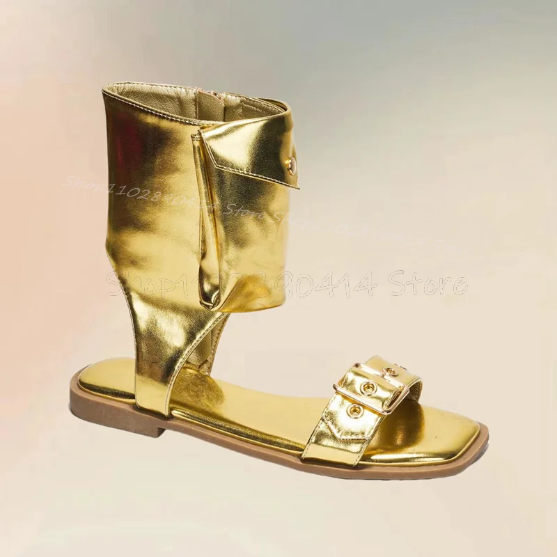 

Gold Pockets Design Buckle Decor Sandals Boots Side Zipper Women Shoes Low Top Open Toe Fashion Party 2024 Zapatos Para Mujere