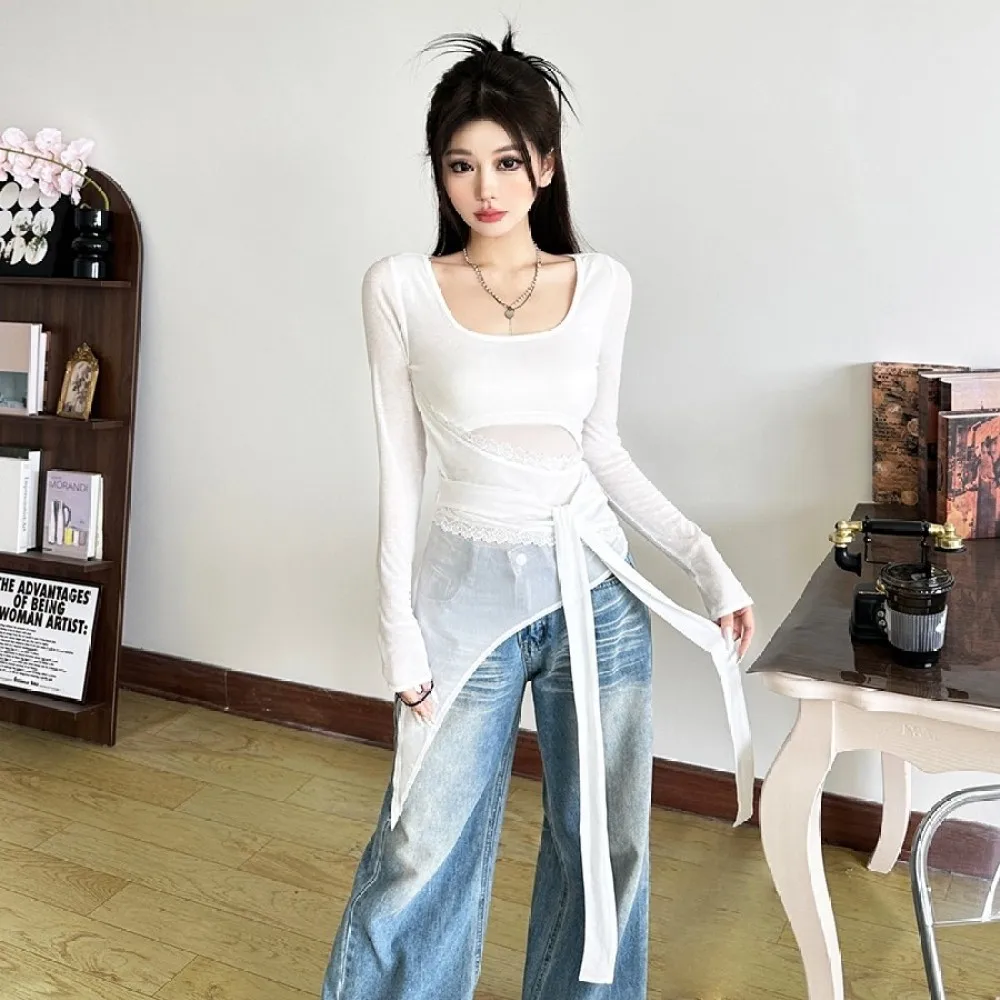 SylCue الدانتيل المرقعة تي شيرت امرأة U طوق كم كامل شبك الشريط غير النظامية تصميم هيم شارع العليا موضة ملابس أنيقة #3