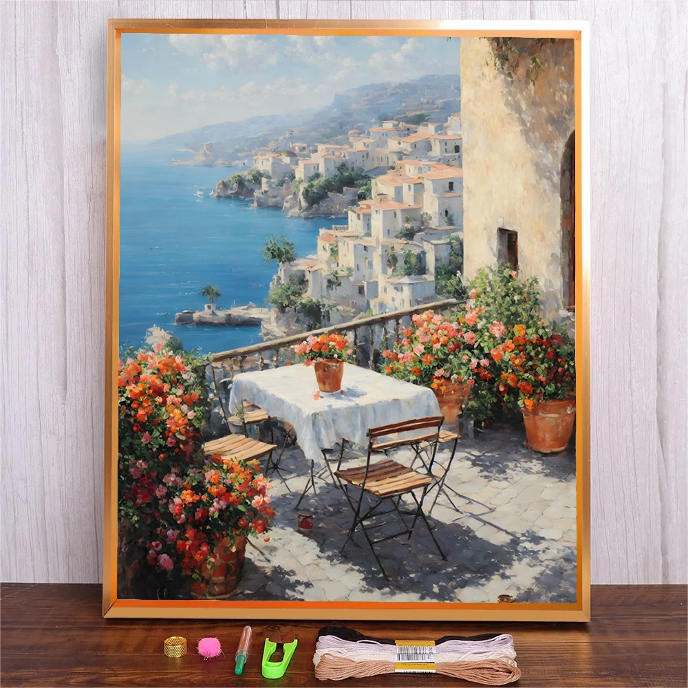 

Cotton Threads Embroidery Seascape Building Cross Stitch Kit Tinker Flower Landscape Picture Printed Canvas Handmade Gift