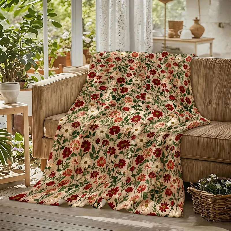 Vintage Red Wild Floral Flannel Blanket Perfect for Sofa Office Bed Travel Sleep Read Relax Camping Four Season Use