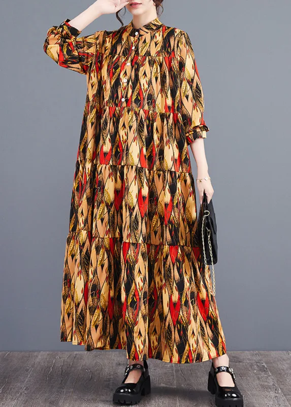 #6780 Spring Vintage Printed A-line Long Shirt Dress Women Stand Collar Buttons Office Retro Split Joint Tiered Ankle-length