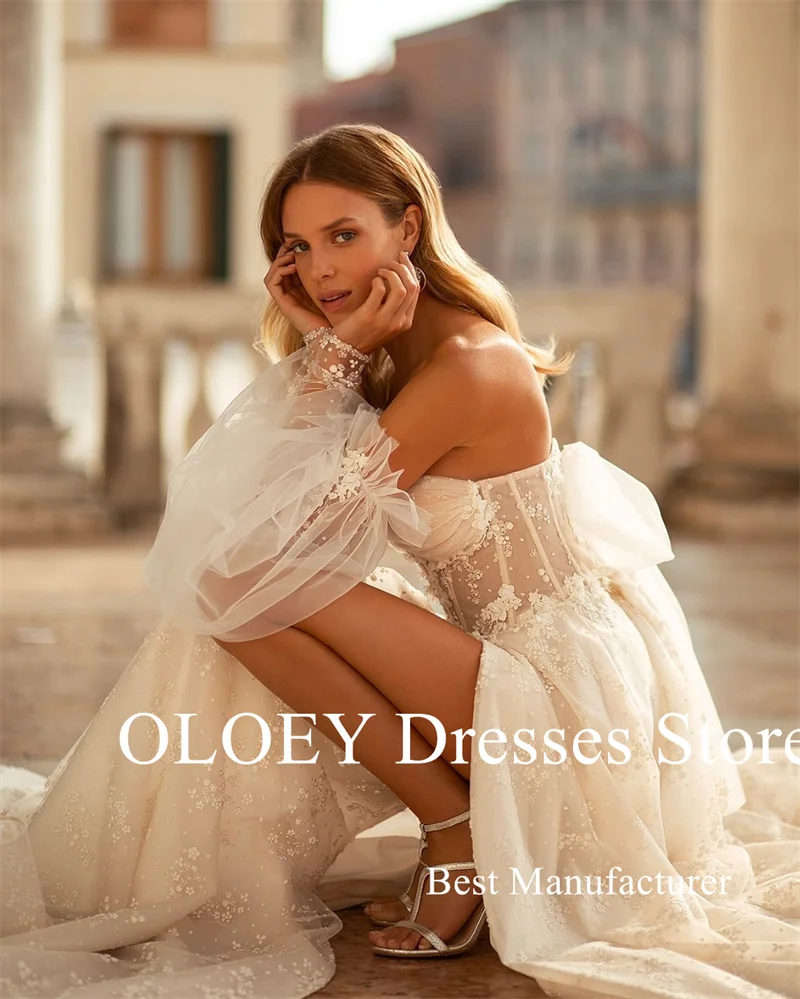 OLOEY Elegante Spitze Floral A-linie Brautkleider Boho Puff Lange Ärmel Schatz Split Brautkleider Vestidos de noiva Customiz