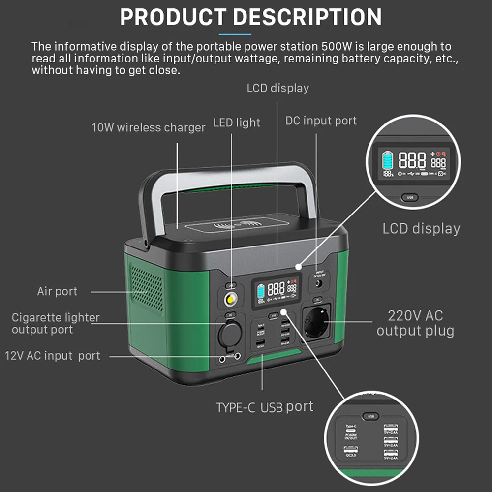 Nashone 500W Portable Power Station Solar Generator 515Wh 110V 220V Solar Power Bank 139200mAh Outdoor Emergency Power Supply