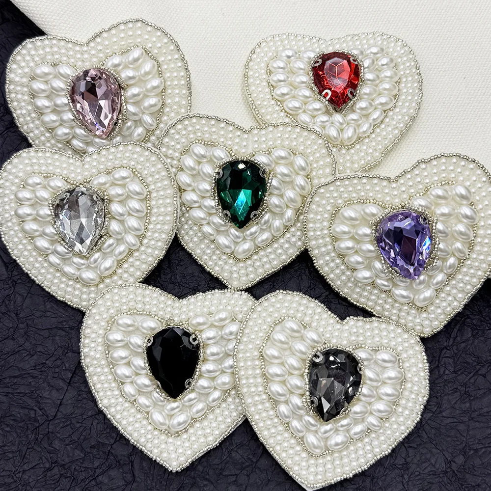 Pearl Love Handmade Cloth Patch Gemstone Rhinestone Heart Shape Badge Clothing Accessories Cloth Patch