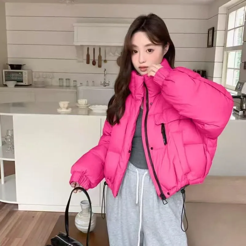 เสื้อแจ็คเก็ตผ้าฝ้ายพัฟฟ์ทรงสั้นสำหรับผู้หญิง สไตล์เกาหลี คอตั้ง เรียบง่าย หนาขึ้น ทรงเล็ก ดูดีมาก