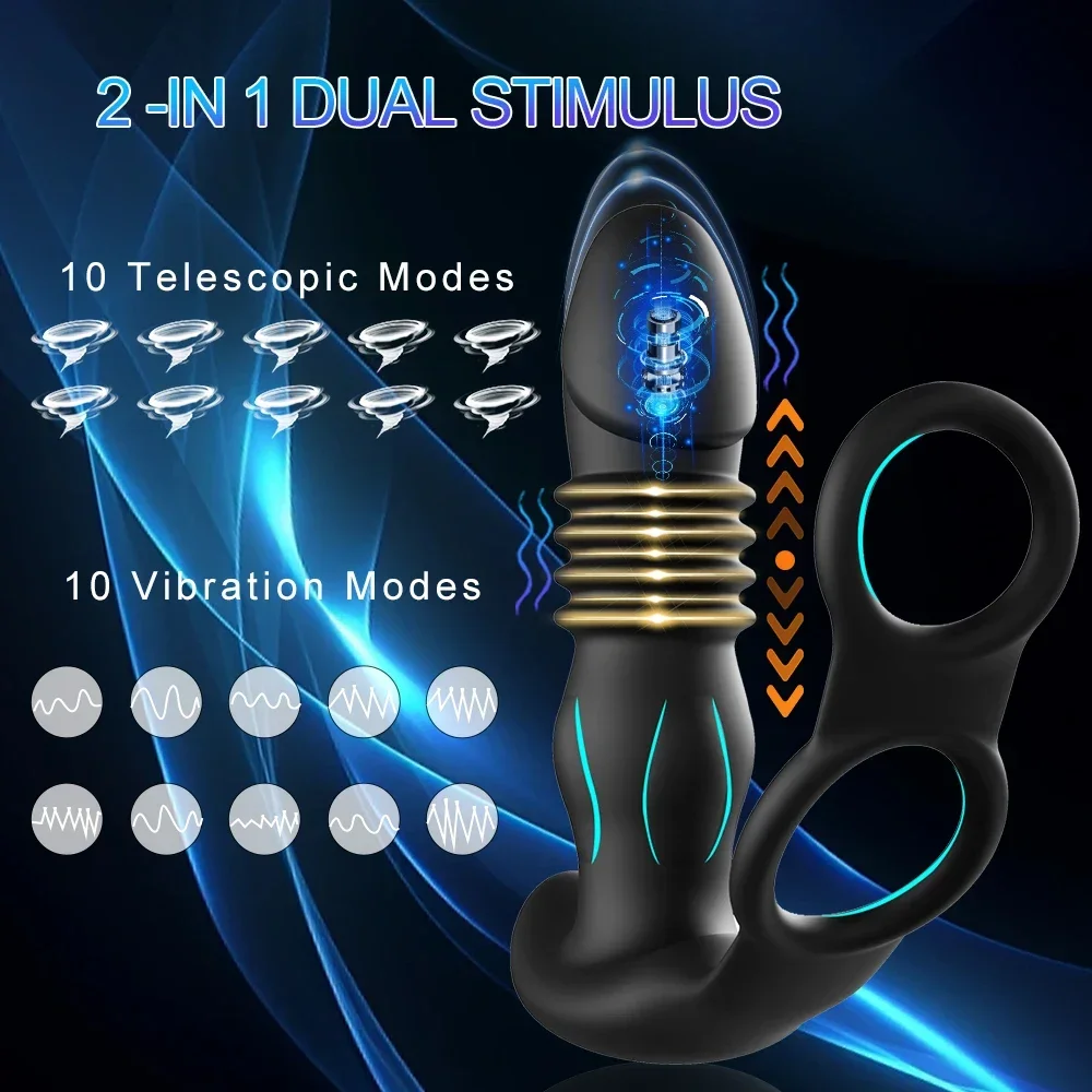 Telescopic Anal Vibrator Delay Ejaculation Lock Ring Male Prostate Stimulator Massager Dildo Butt Plug Vibrators Sex Toy For Men