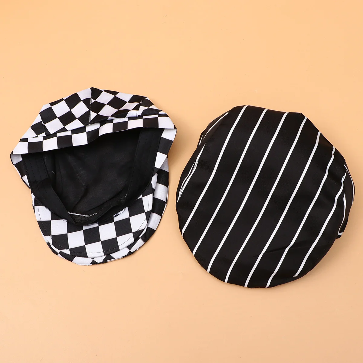 

2pcs Beret Cap Black White Stripe Grid Dustproof Kitchen Chef Working Hat Restaurant Waiter Cooking Cap Uniform