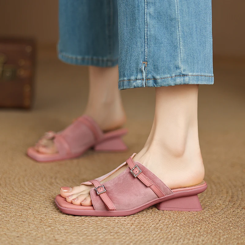 2026 new spring summer women sandals natural leather plus size 22-25cm kid suede+sheepskin buckle mules wedges women shoes