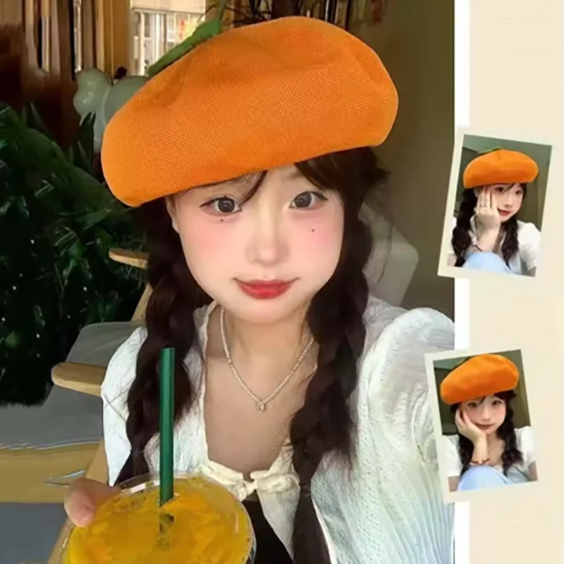 Japanse Roze Perzik Meisje Schilder Hoed Ademend Oranje Baret Fruit Caps Casual Frisse Leuke Muts Baret Cap Vrouwelijke Dame