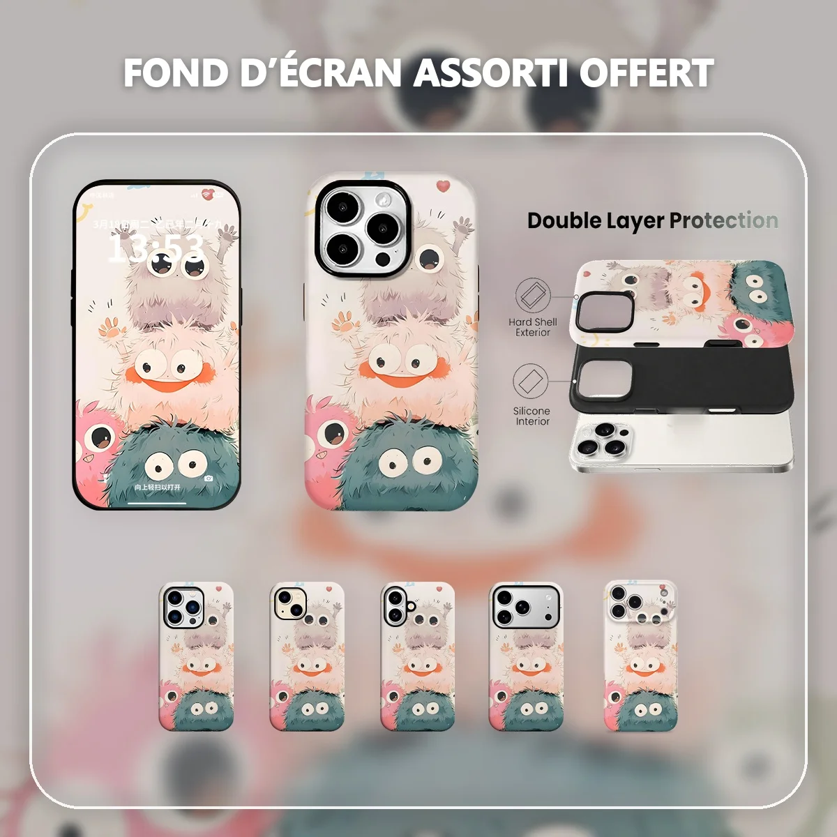 monstres mignons personnages empilés art kawaii dessin animé Coque Hybride Double Couche pour iPhone Séries 12-17