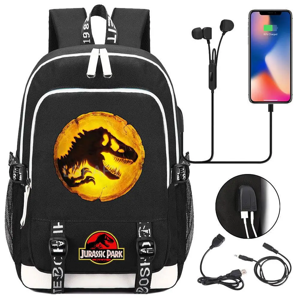 Jurassic World Plecak USB do ładowania Wodoodporny plecak Akademia Torby szkolne Komputerowe plecaki podróżne 18-calowy laptop Mochilas