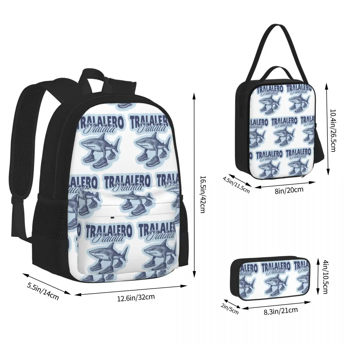 Tralalero Tralala Shark Italian Brainrot Backpacks Bookbag School Bags Kids Rucksack Lunch Bag Pen Bag Three-Piece Set