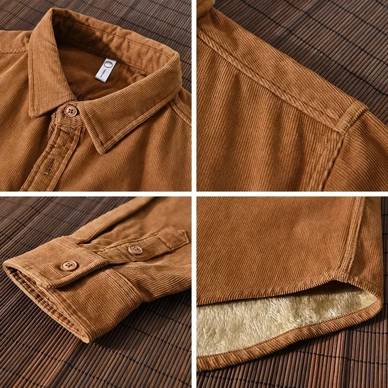 

Японские мужские зимние рубашки, повседневная утолщенная одежда, вельветовая флисовая рубашка из чистого хлопка с карманом, сохраняющий тепло, простой топ
