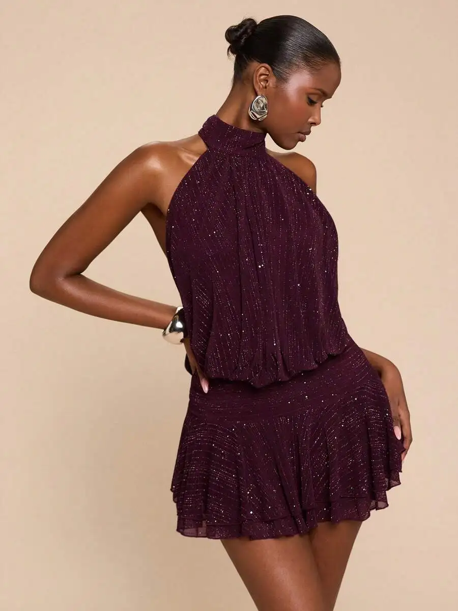

Purple Red Halter Neck Ruffle Hem Mini Dress For Women