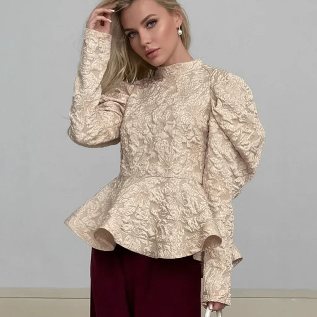 2026 Winter Spring Embroidery Women Top Fashion Lantern Long Sleeve O-neck Pleated Female Blouse Sweet Lady Solid Clothes