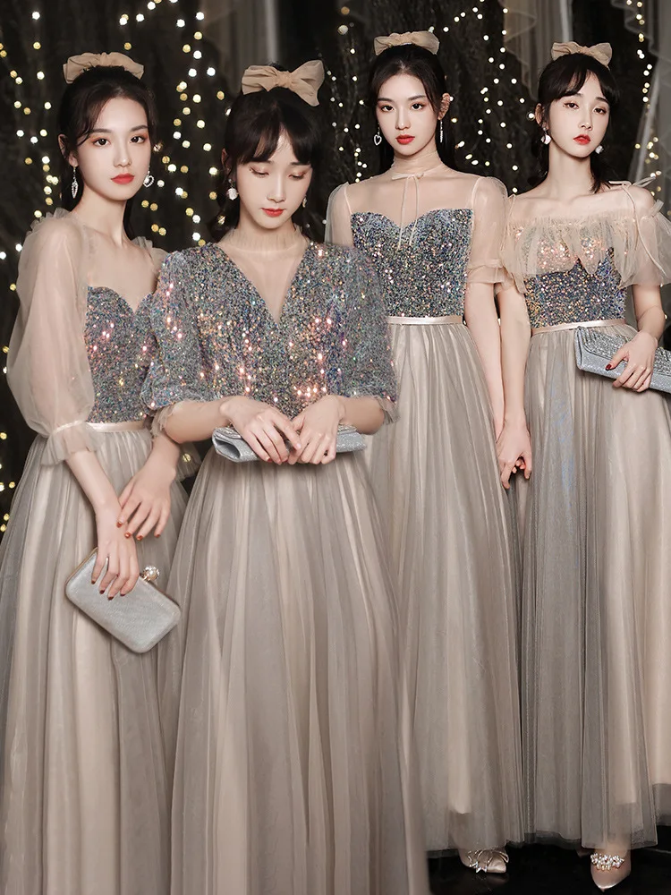 

Temperament Evening Party Dress Dreamy Sequins Banquet Dress Gray V-neck Maxi Mesh Dress Fairy Robe De Soiree Big Size 3XL