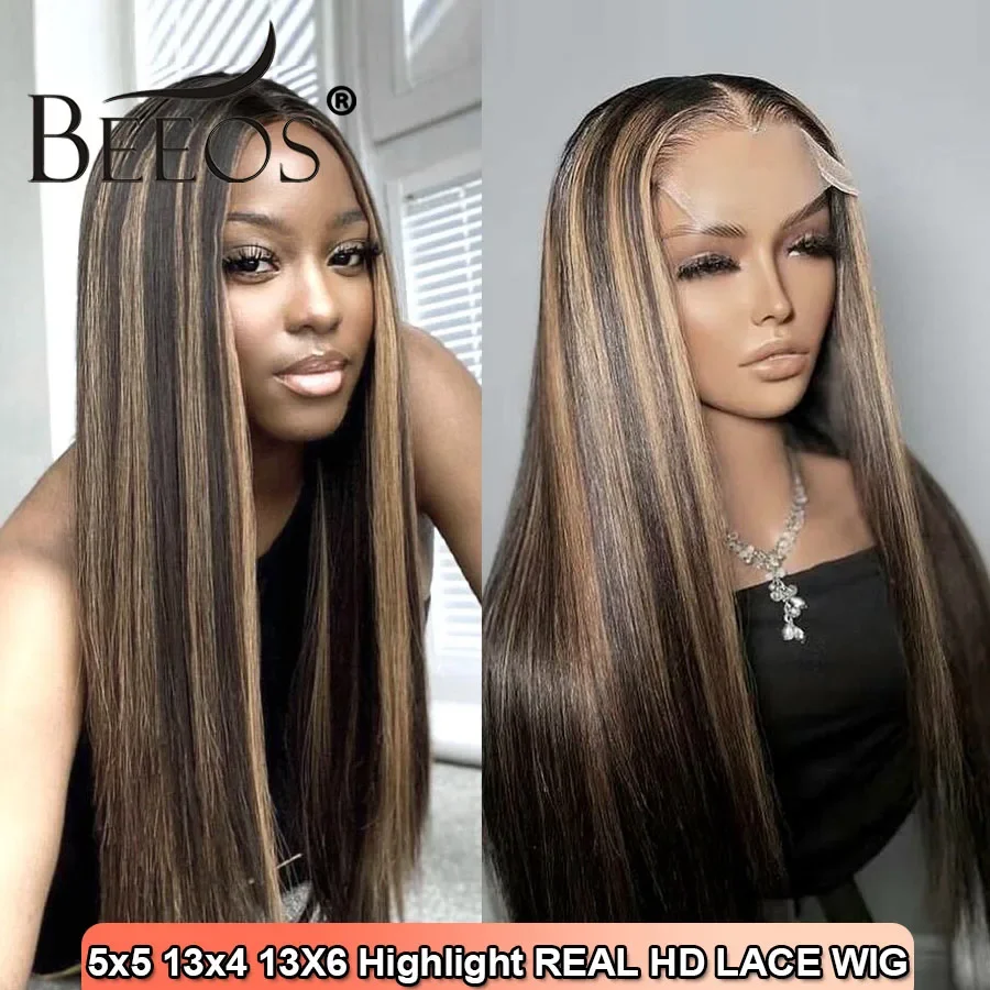 

BEEOS 250% 1B/27 Highlight Skinlike 13x6 HD Парики из натуральных волос на кружеве спереди Прямой парик 5x5 HD с закрытием шнурка Предварительно выщипанный бразильский