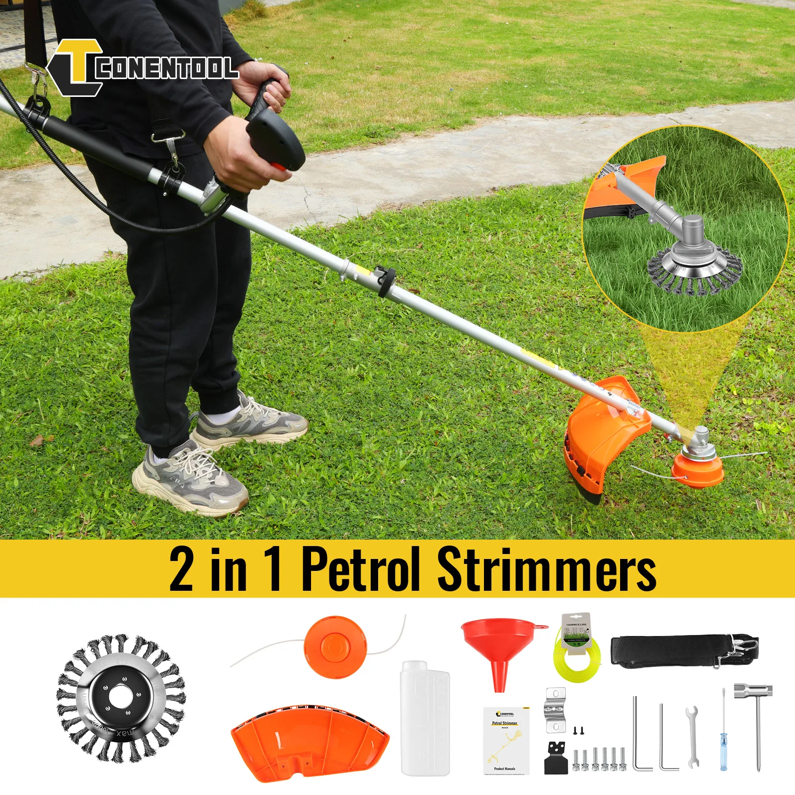 CONENTOOL 52CC 11000RPM Tondeuse à gazon thermique 2 EN 1 Débroussailleuse thermique 2500W 2 temps Outil de jardinage pour l'élagage et le désherbage