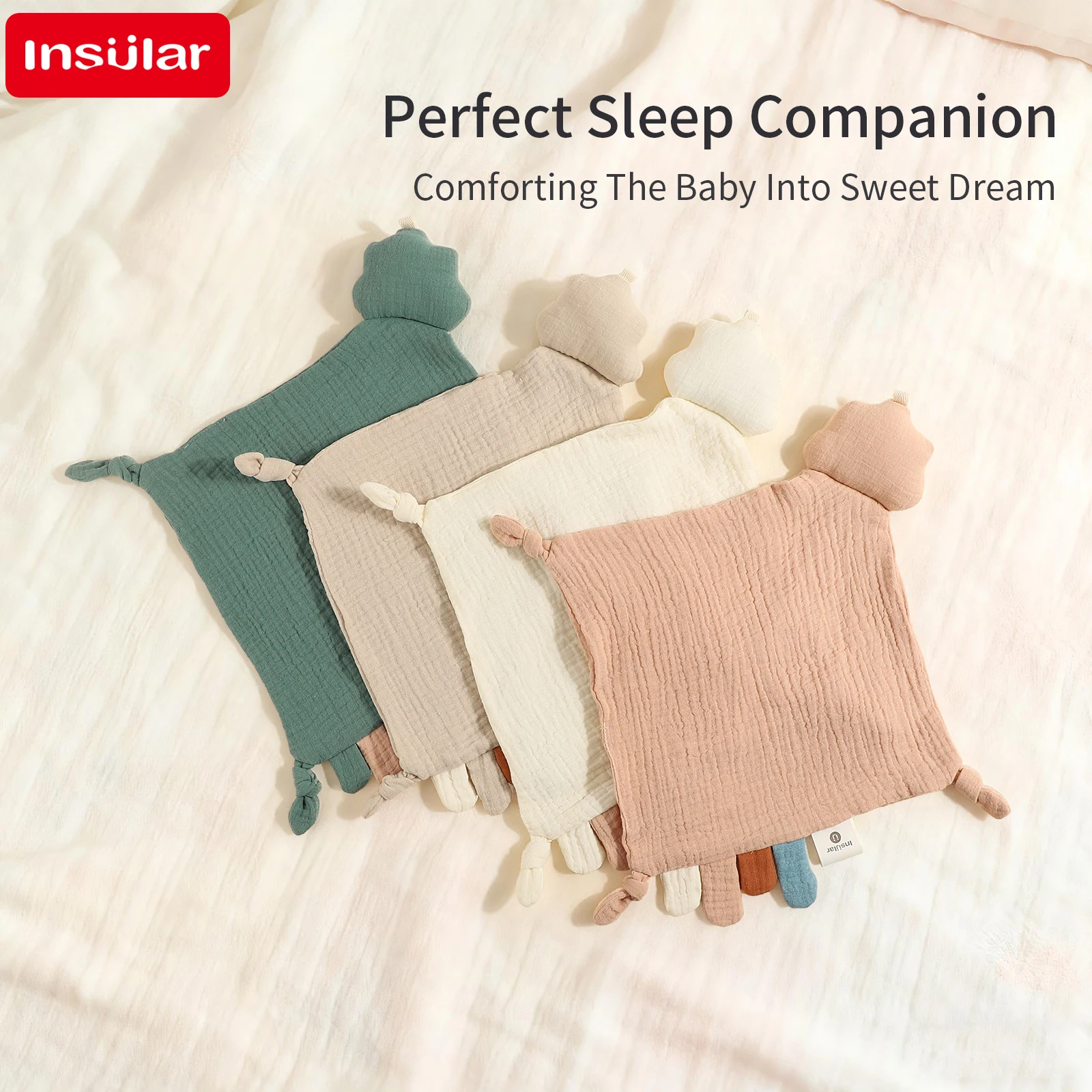 Skin-Friendly 100% Cotton Gauze Baby Soothing Blanket with Tags Sleeping-Aid Doll Handkerchief for Infants 0-1Y Kids