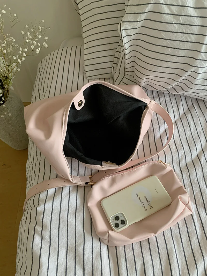 1 Piece Korean Fashion Shoulder Bag for Girl Sweet Pink White Color Series Tote Bag for Women Cute High Capacity Soft PU Bag