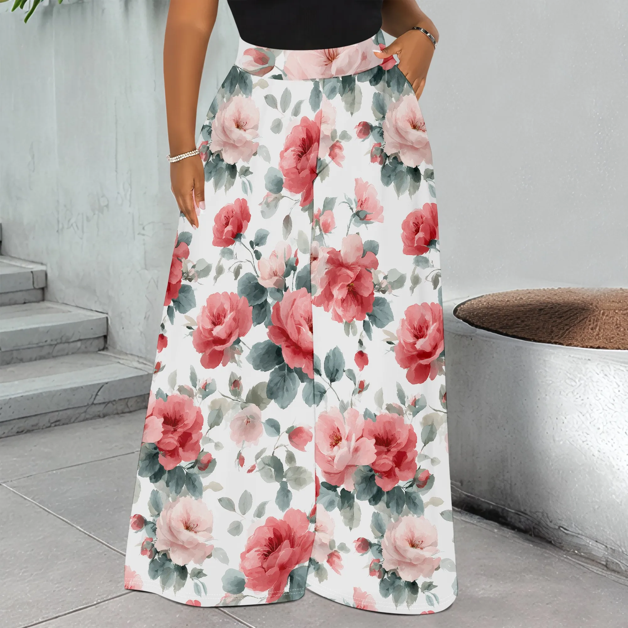 

Floral Print Wide Leg Pants, Rose Pattern Trousers, Pocket Design Palazzo Pants for Women, Summer Casual Wear S-2XL