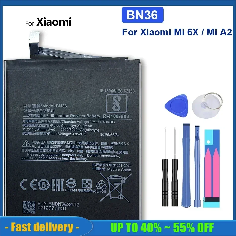 BN36 Rechargeable High Quality Mobile Phone Batteries For Xiaomi Mi 6X Mi6X Mi A2 MiA2 2910mAh Portable Cell Phone Battery