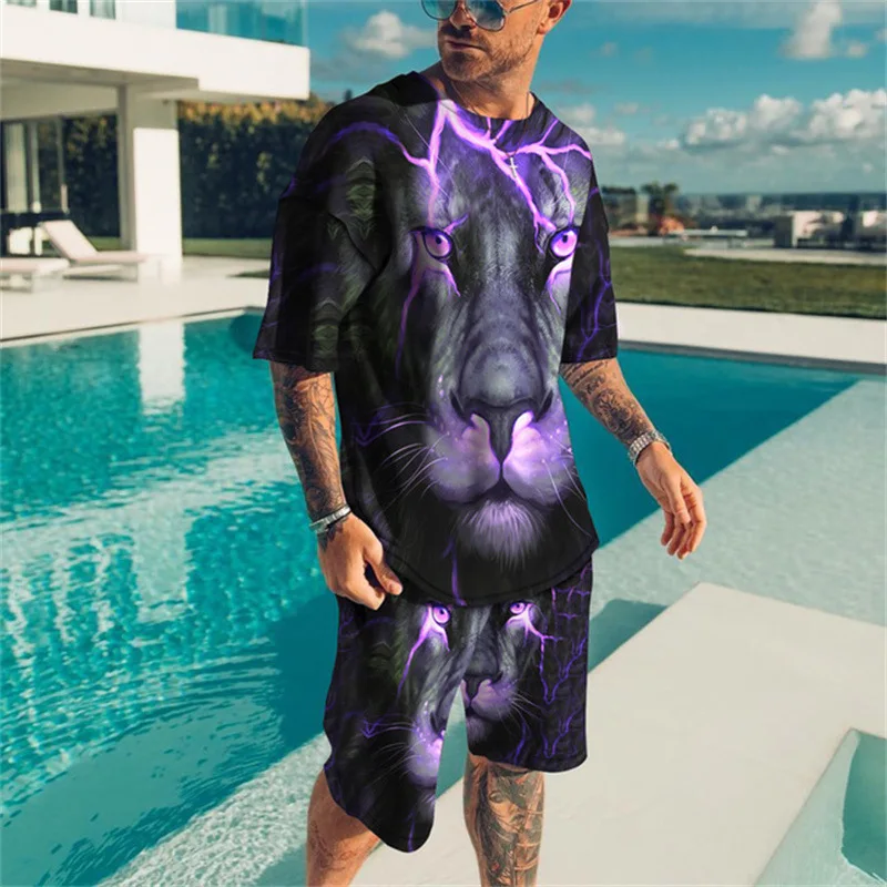 Newest Summer Men's Sets Beach Shorts Outfits 3D Lion Print Short Sleeve T-shirts 2 Pcs Trendy Male Clothing Oversized Sportwear