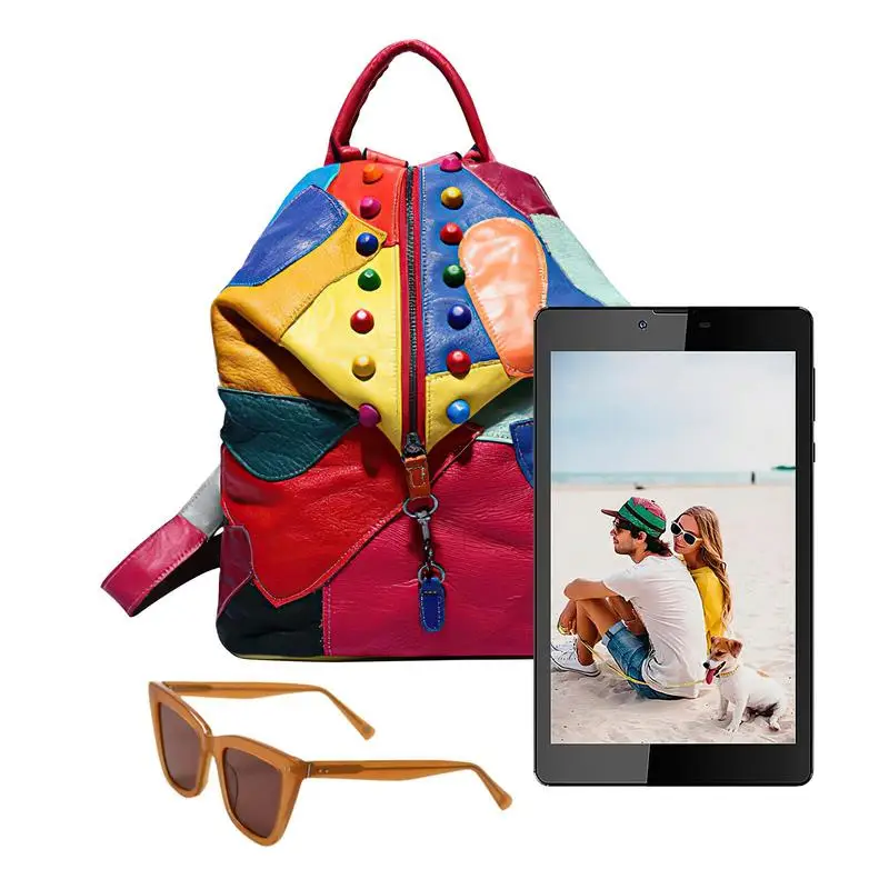 

Soft Backpack Unisex PU Leather Material Rainbow Black Color For Girls Patchwork Style Travel Bag Outside