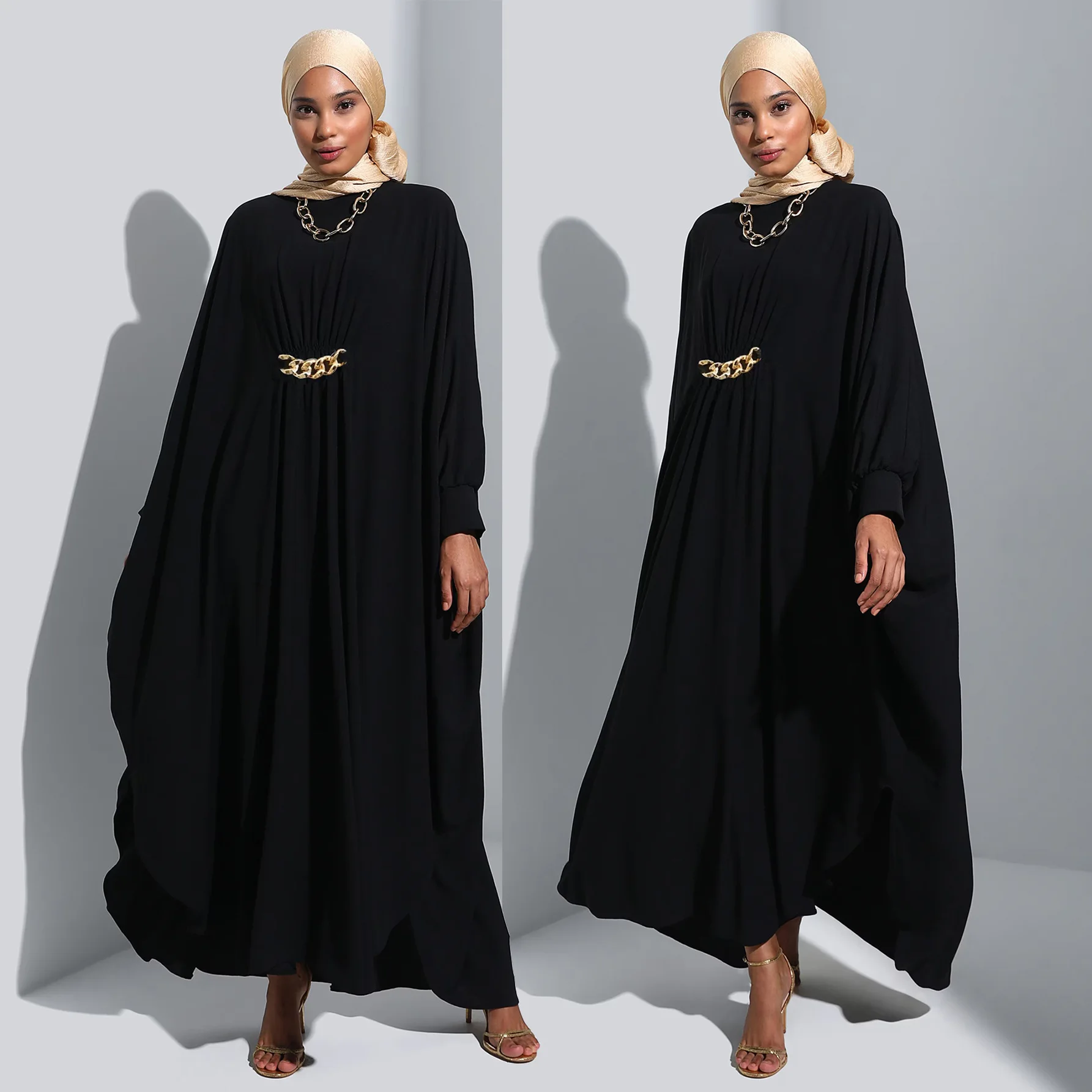 Fashion Muslim Abaya Gold Chain Dress for Women Casual Batwing Sleeve Loose Long Dress Solid Party Holiday Slamic Clothing Robe