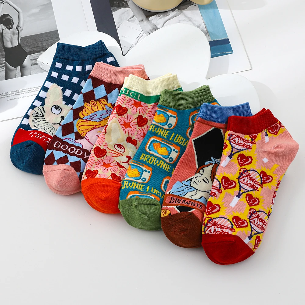 6 pair/batch Fashion Cartoon cat Men\'s Short Socks Soft Breathable Cotton Casual Socks Male boat Socks Cotton women ankle Socks