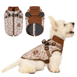 Winter Dog Jacket with Harness Water Repellent Thicken Pet Dog Coat for Small Dogs Paw Printing Reflective Warm Dog Clothes