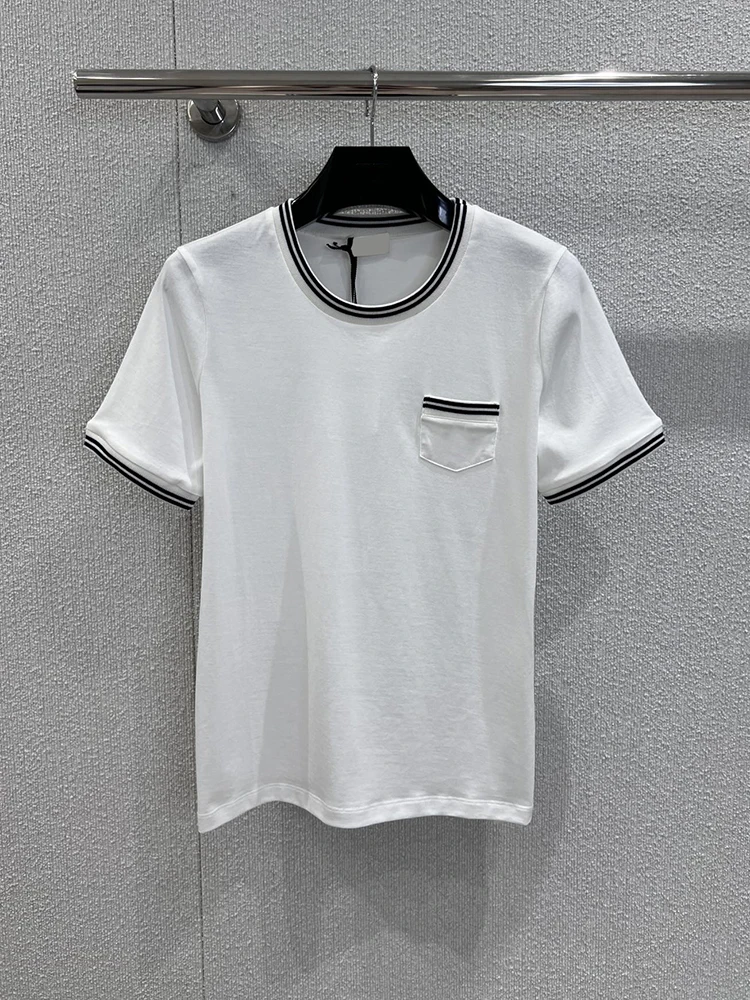 

Spring Summer Fashion White Color Indoor Casual Loose Cotton T-Shirts Women's Striped O-Neck Pockets Short Sleeve Tops