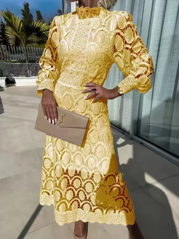 

2025 New French Lace Dress Fashion Stand Up Collar Bubble Sleeves Waist Cinching Slimming Dress Elegant Long Dresses Vestidos