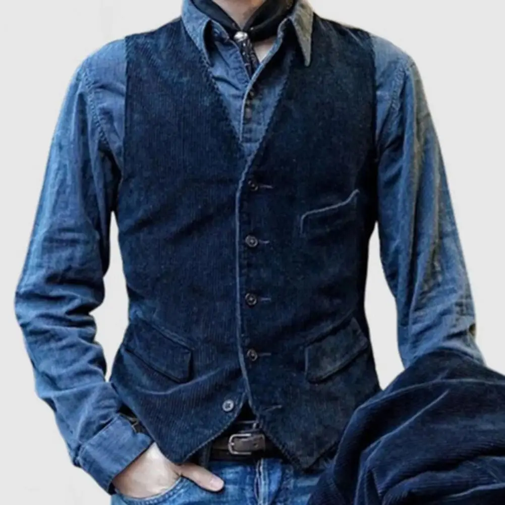 Men Corduroy Waistcoat Corduroy Retro Style Men's V-neck Waistcoat with Pockets Single Breasted Slim Fit Vest Coat for A Classic