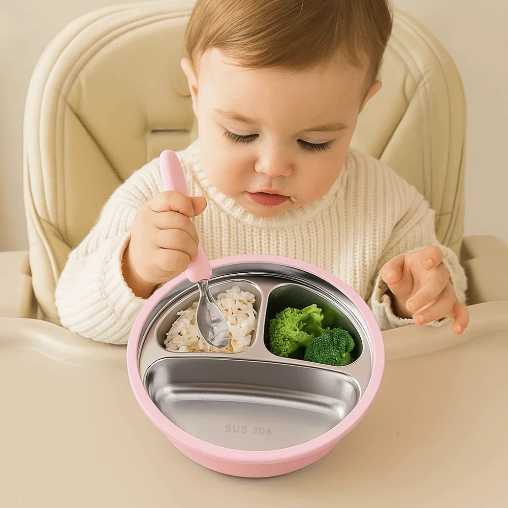 Silicone Suction Cup Baby Sucker Dining Plate Thermal Insulation Divided Design 3 Grids Children Dishes 304 Stainless Steel