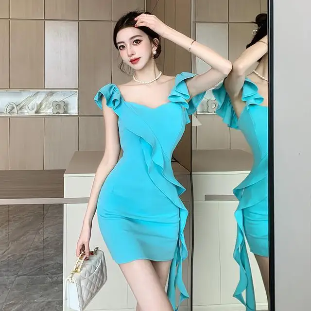 

2024 Retro Gentle Ruffle Edge Waist Wrapped Flying Sleeves Sling Dress Women's Summer New Spicy Girl Short Skirt