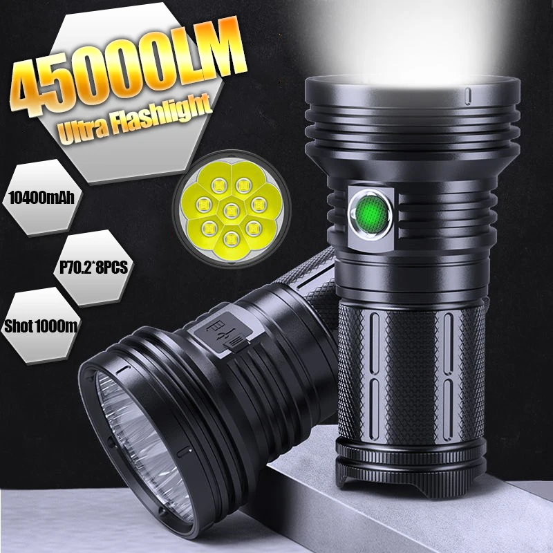 

Super Bright 45000LM LED Flashlight USB-C Rechargeable LED Strong Lamp Multitool Tacical Torch Power Bank for Hunting Survival