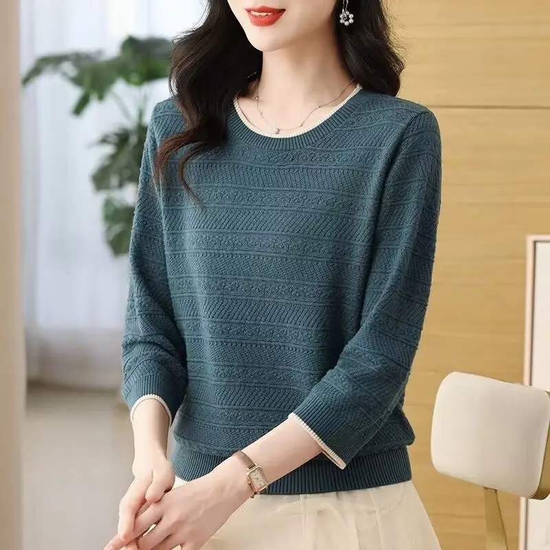 

2025 Spring and Autumn 7-quarter Sleeve Knitted T-shirt Women's New Loose and Fashionable Base Knitted Sweater