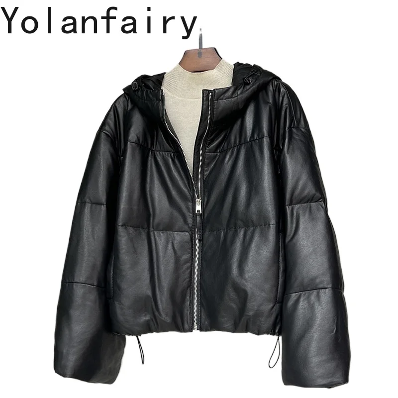 

YOLANFAIRY Women 2026 Genuine Sheepskin Leather Goose Down Coat Hooded Short Winter Real Leather Jacket High-end Black Outerwear