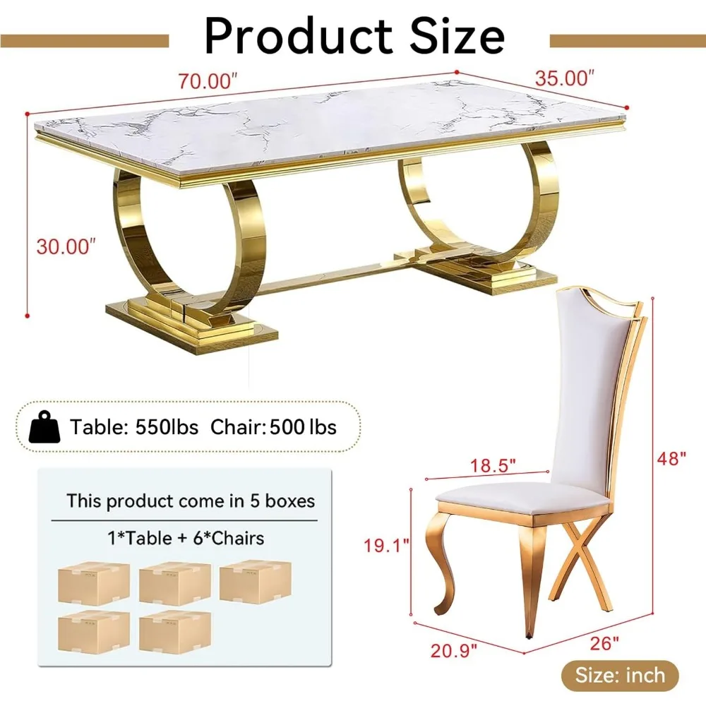 70 inch marmeren eettafelset, moderne kunstmarmeren eettafel met 6 witte lederen eetkamerstoelen