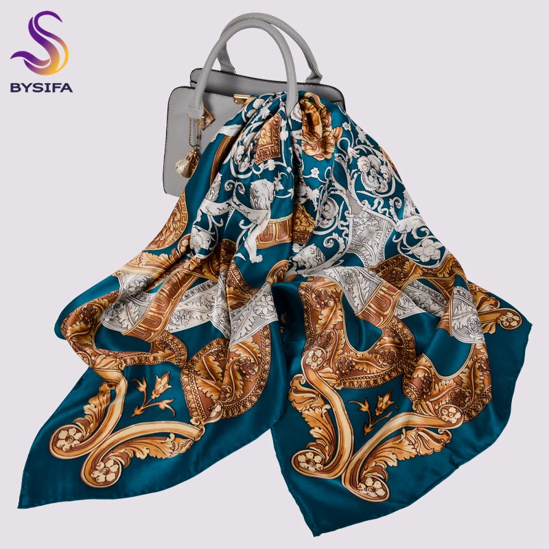 BYSIFA|Winter Ladies\' Scarves Hijabs Elegant Navy Blue Square 100% Silk Neck Scarf Printed Constellation Design Scarves110*110cm