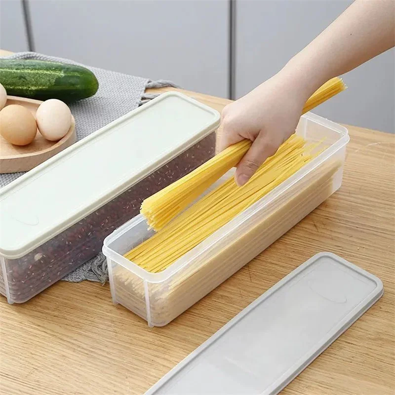 Caja de almacenamiento de fideos largos, caja de plástico de gran tamaño, rectangular, sellada para alimentos